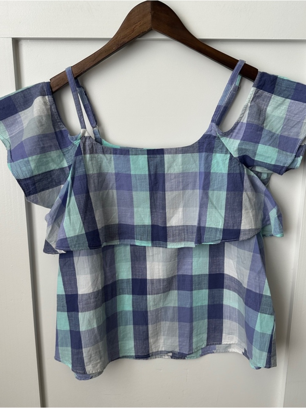 bobeau Blue and Mint Plaid Cold-Shoulder Ruffle Top